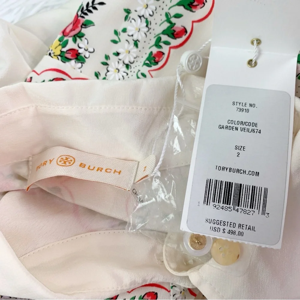 Tory Burch long sleeve‎ pleated garden veil floral silk shirt dress in cream